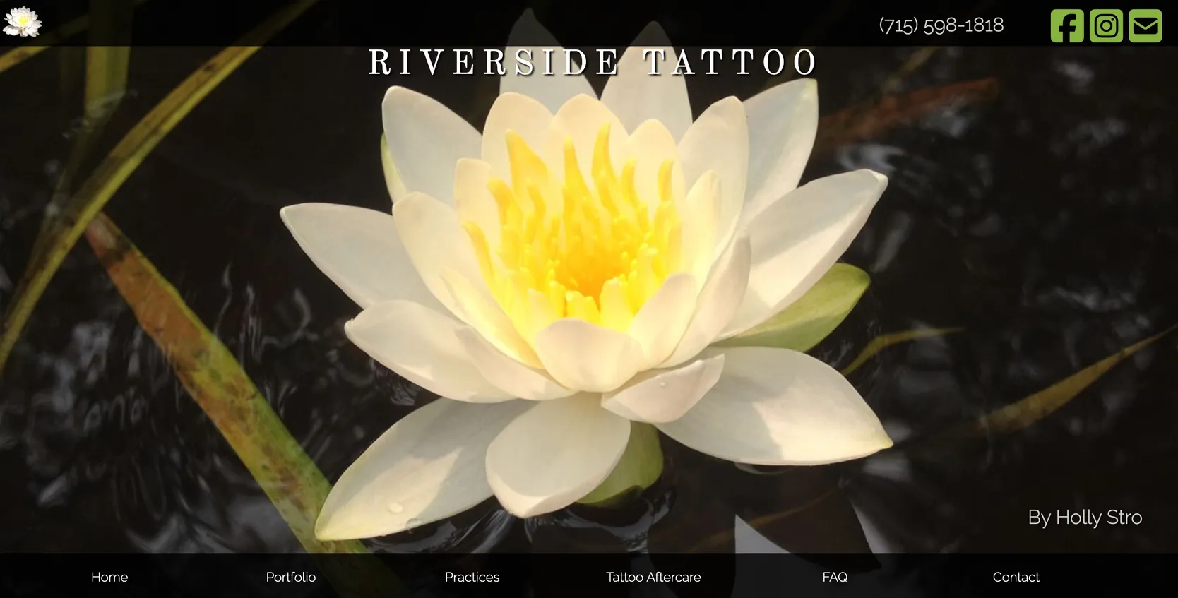 The Riverside Tattoo home page: a white water lily on dark water, the studio name set above it, and the site's navigation along the bottom.